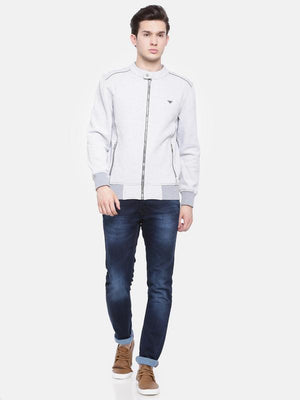 t-base Grey Solid Mandarin Collar Biker Sweatshirt