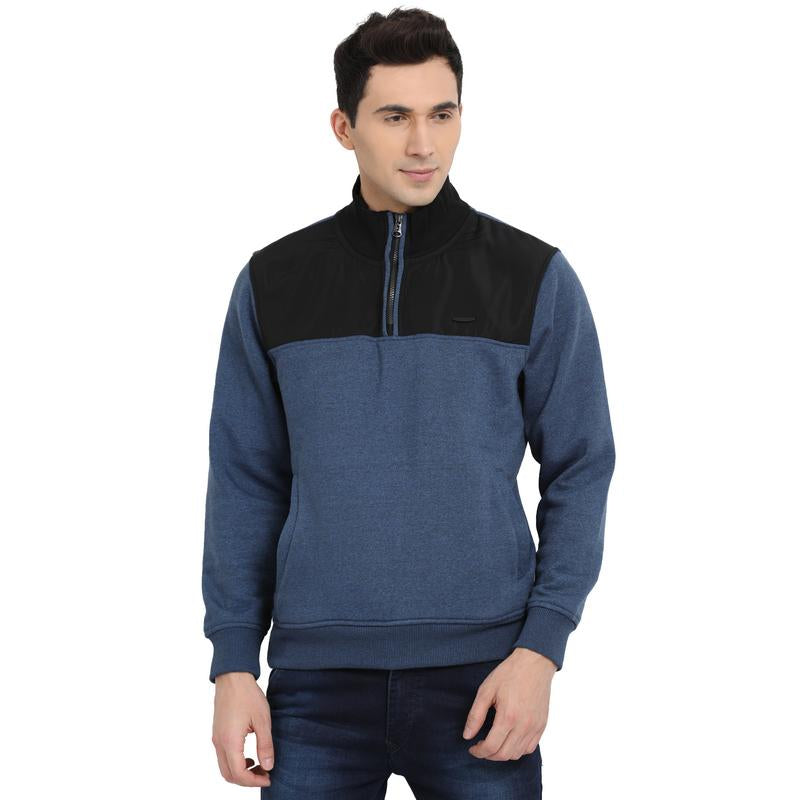t-base Blue Solid Mock Collar Sweatshirt