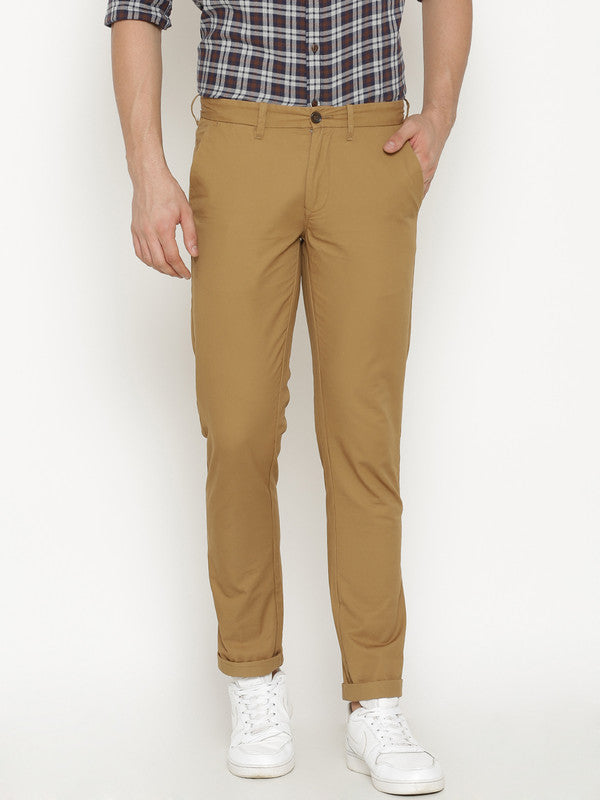 t-base men's Brown Solid Cotton Slim Straight Chino Pant