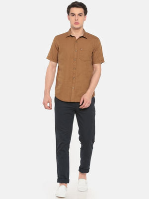 t-base Khaki Solid Cotton Linen Casual Shirt