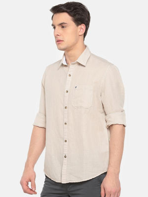 t-base Beige Solid Cotton Linen Casual Shirt