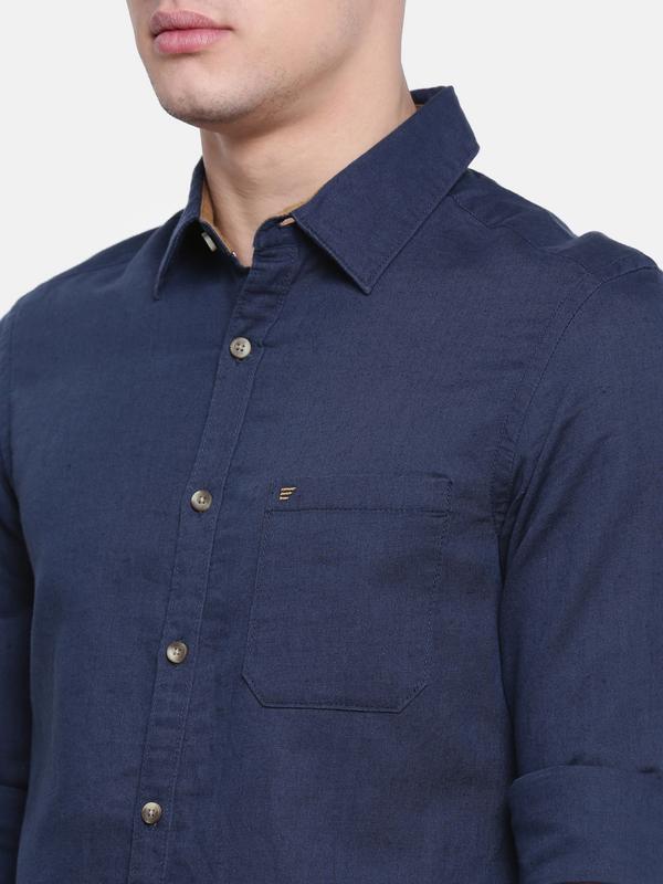 t-base Navy Solid Cotton Linen Casual Shirt