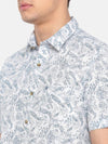 t-base Blue Printed Cotton Linen Casual Shirt
