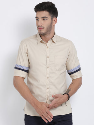 t-base Beige Solid Cotton Casual Shirt