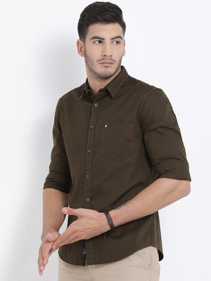 t-base Olive Solid Cotton Casual Shirt