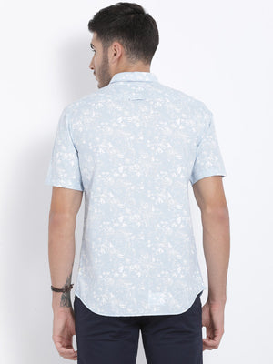 t-base Light Blue Printed Cotton Casual Shirt