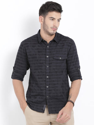 t-base Black Striped Cotton Casual Shirt