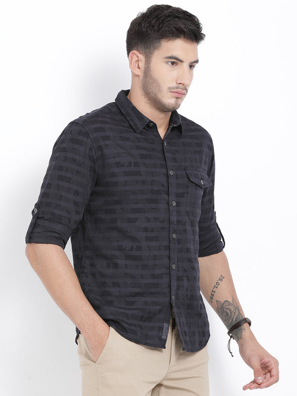t-base Black Striped Cotton Casual Shirt