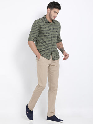 t-base Olive Striped Cotton Casual Shirt