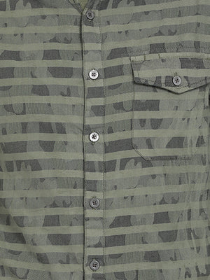 t-base Olive Striped Cotton Casual Shirt
