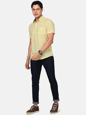 t-base Yellow Solid Cotton Linen Casual Shirt