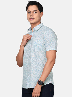 t-base Blue Floral Printed Cotton Casual Shirt