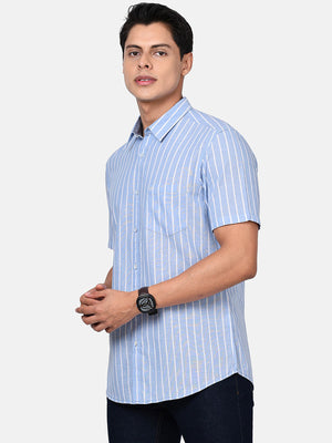 t-base Blue Striper Cotton / Linen Casual Shirt