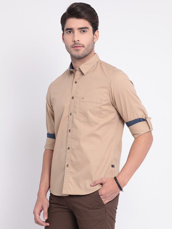 t-base Beige Giza Twill Cotton Casual Shirt