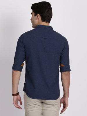 t-base Navy Melange Twill Cotton Casual Shirt