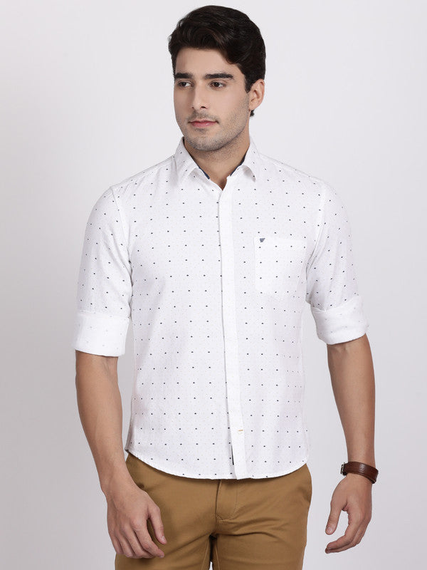 t-base White Printed Oxford Cotton Casual Shirt