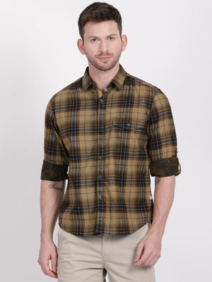 t-base Fennel Brown Printed Checks Cotton Casual Shirt