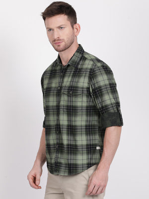 t-base Ivy Green Printed Checks Cotton Casual Shirt