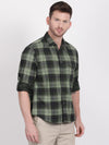 t-base Ivy Green Printed Checks Cotton Casual Shirt