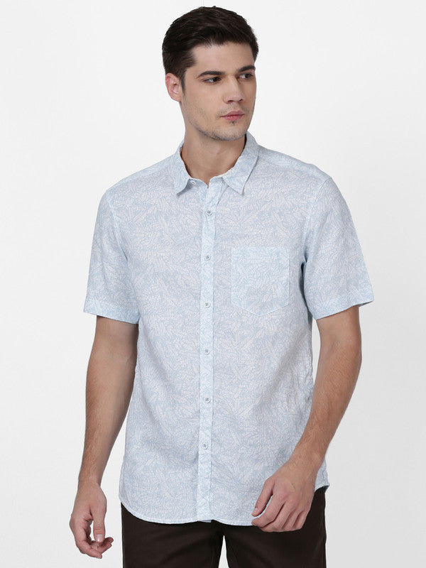 t-base Airy Blue Cotton Linen Printed Shirt