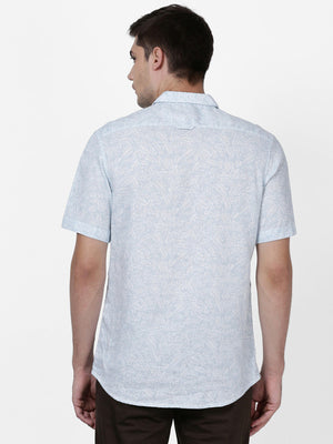 t-base Airy Blue Cotton Linen Printed Shirt