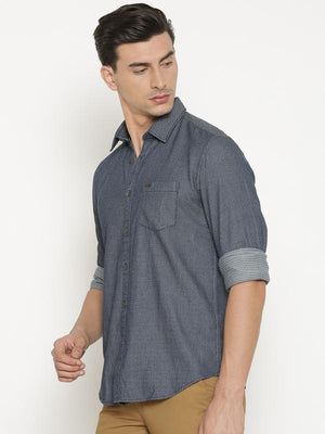 t-base Blue Self Design Cotton Casual Shirt
