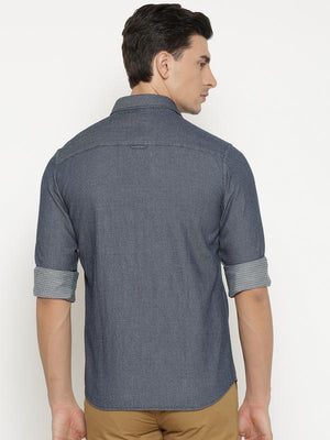 t-base Blue Self Design Cotton Casual Shirt