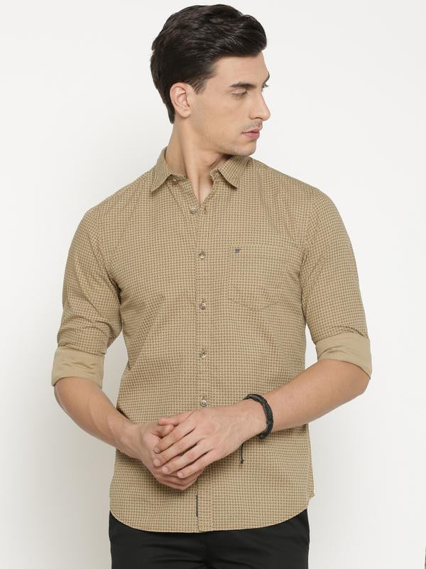 t-base KhakiSelf DesignCotton Casual Shirt