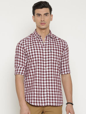 t-base Maroon Checked Cotton Casual Shirt