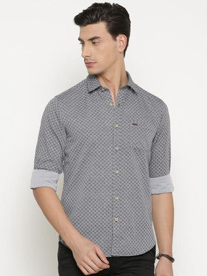 t-base Grey Self Design Cotton Casual Shirt