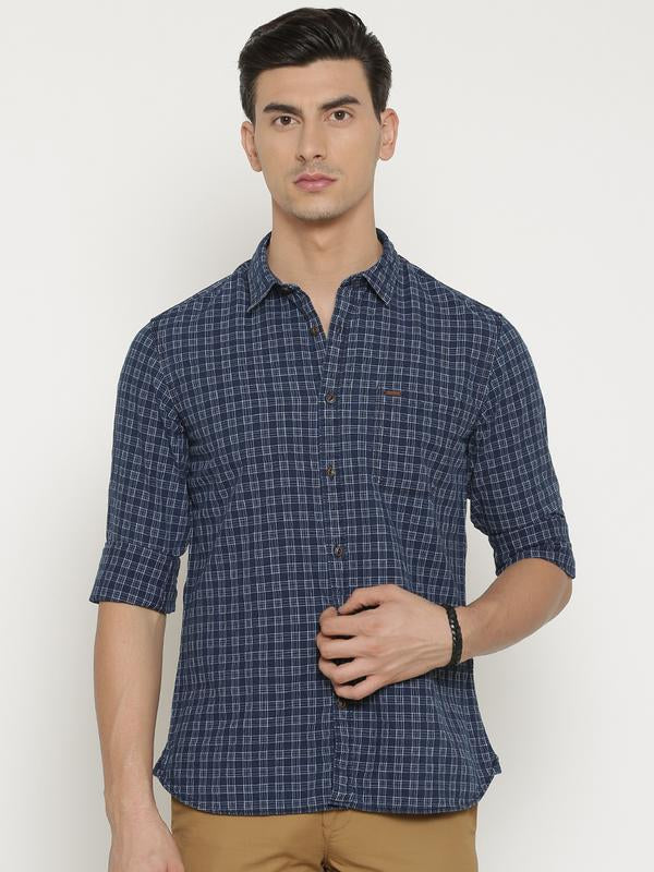 t-base Blue Checked Cotton Casual Shirt