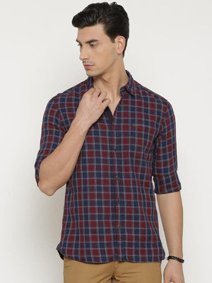 t-base Blue Checked Cotton Casual Shirt
