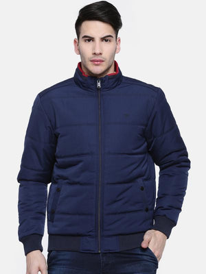 t-base Blue Solid Quilted Bomber Jacket