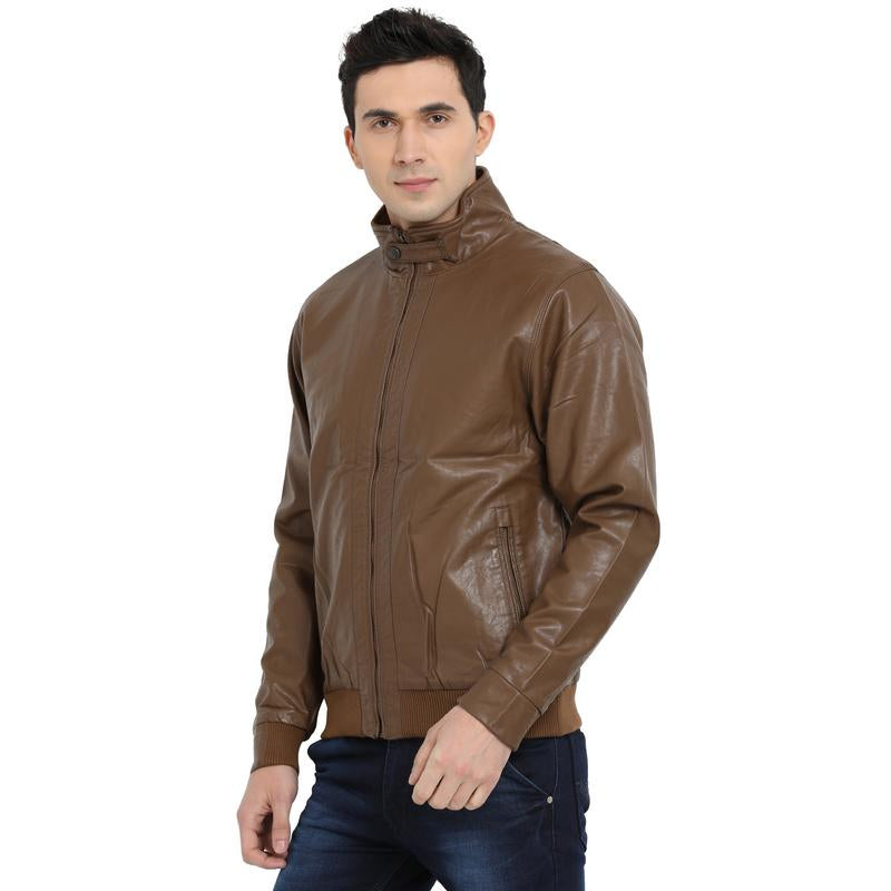 t-base chocolate brown faux leather bomber jacket