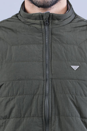 Olive Polyester Solid Sleeveless Jacket