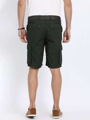 t-base Green Cotton Solid Cargo Shorts