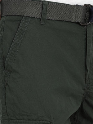 t-base Green Cotton Solid Cargo Shorts