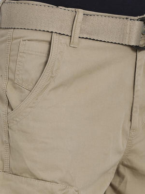 t-base Beige Cotton Solid Cargo Shorts