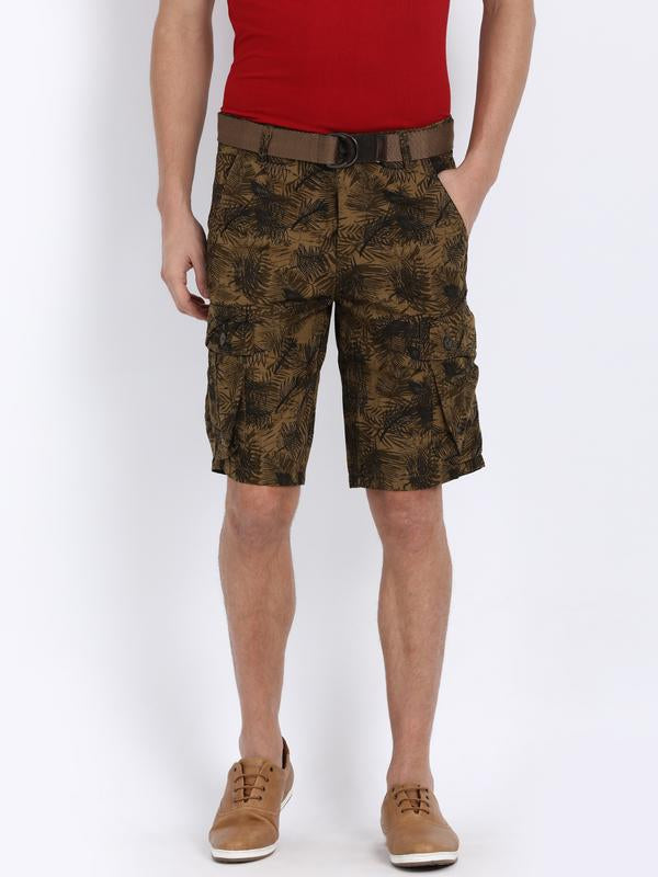 t-base Brown Cotton Camo Print Cargo Shorts