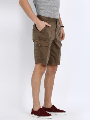 t-base Brown Cotton Solid Cargo Shorts