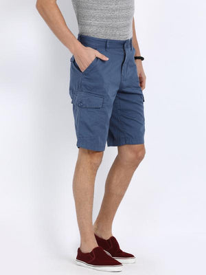 t-base Blue Cotton Solid Cargo Shorts