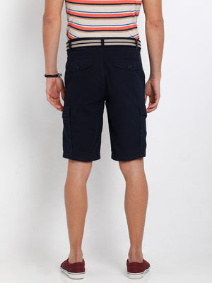 t-base Men Navy Cotton Solid Cargo Shorts With Belt