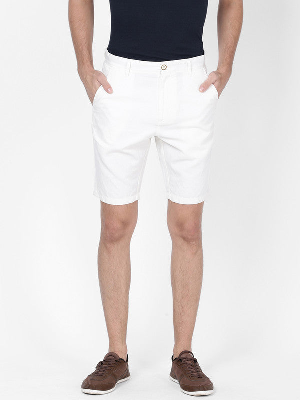 t-base Men White Cotton Linen Solid Chino Shorts