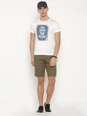 t-base Men's Olive Cotton Printed Chino Short