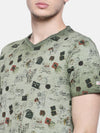 t-base men's olive v neck printed t-shirt