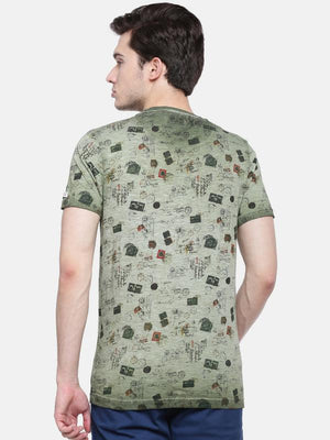 t-base men's olive v neck printed t-shirt