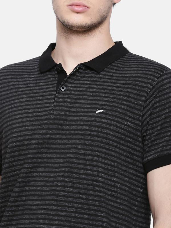 t-base men's black polo neck striped t-shirt