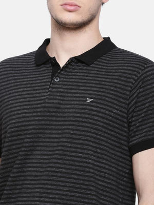 t-base men's black polo neck striped t-shirt