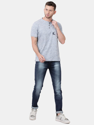 Blue Space Henley Neck Printed T-Shirt