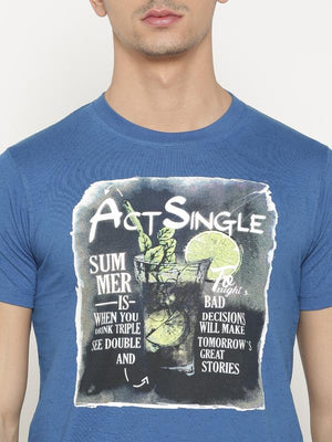 t-base Men's Blue Round Neck Printed T-Shirt  
